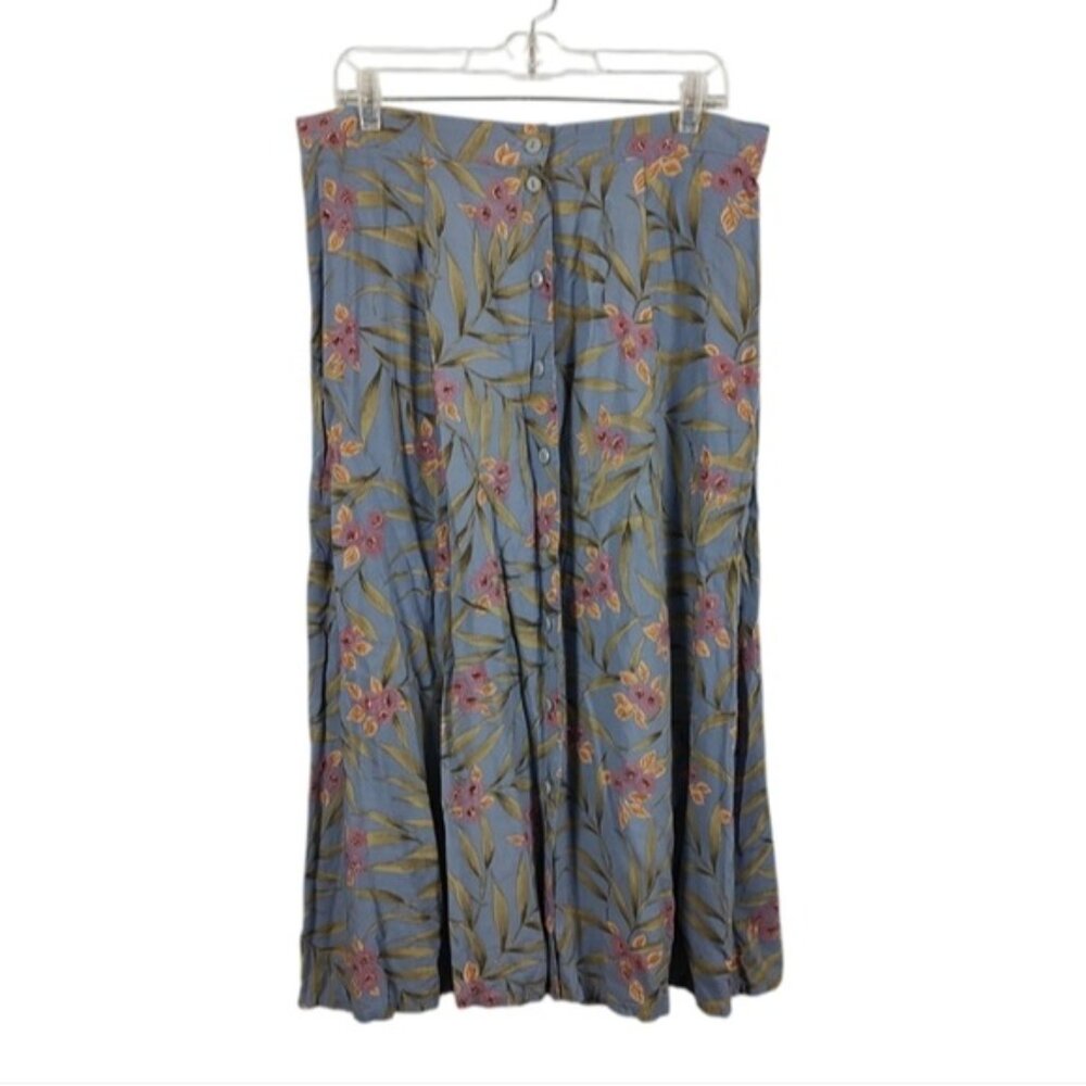 Vintage 90s Blue Floral Button Front Midi Skirt XL